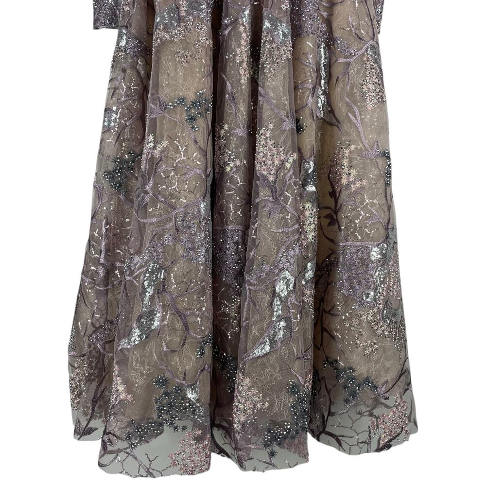 Mac Duggal Embellished High Neck Puff Sleeve A-Line Dress Taupe Size 6 - Picture 12 of 14